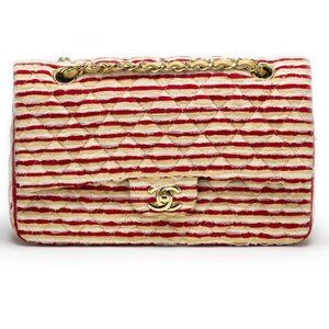 Chanel Classic 2005 Vintage Striped Double Flap Bag, Size M - Red/Beige